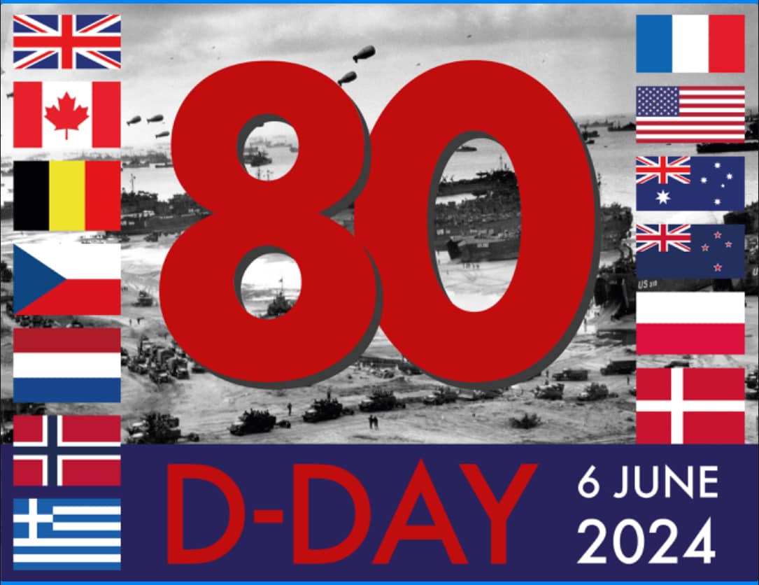Background war image with 80 D-Day and flags of Allied countries
